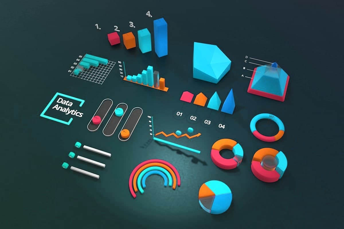 Colourful 3D charts and data analytics shapes
