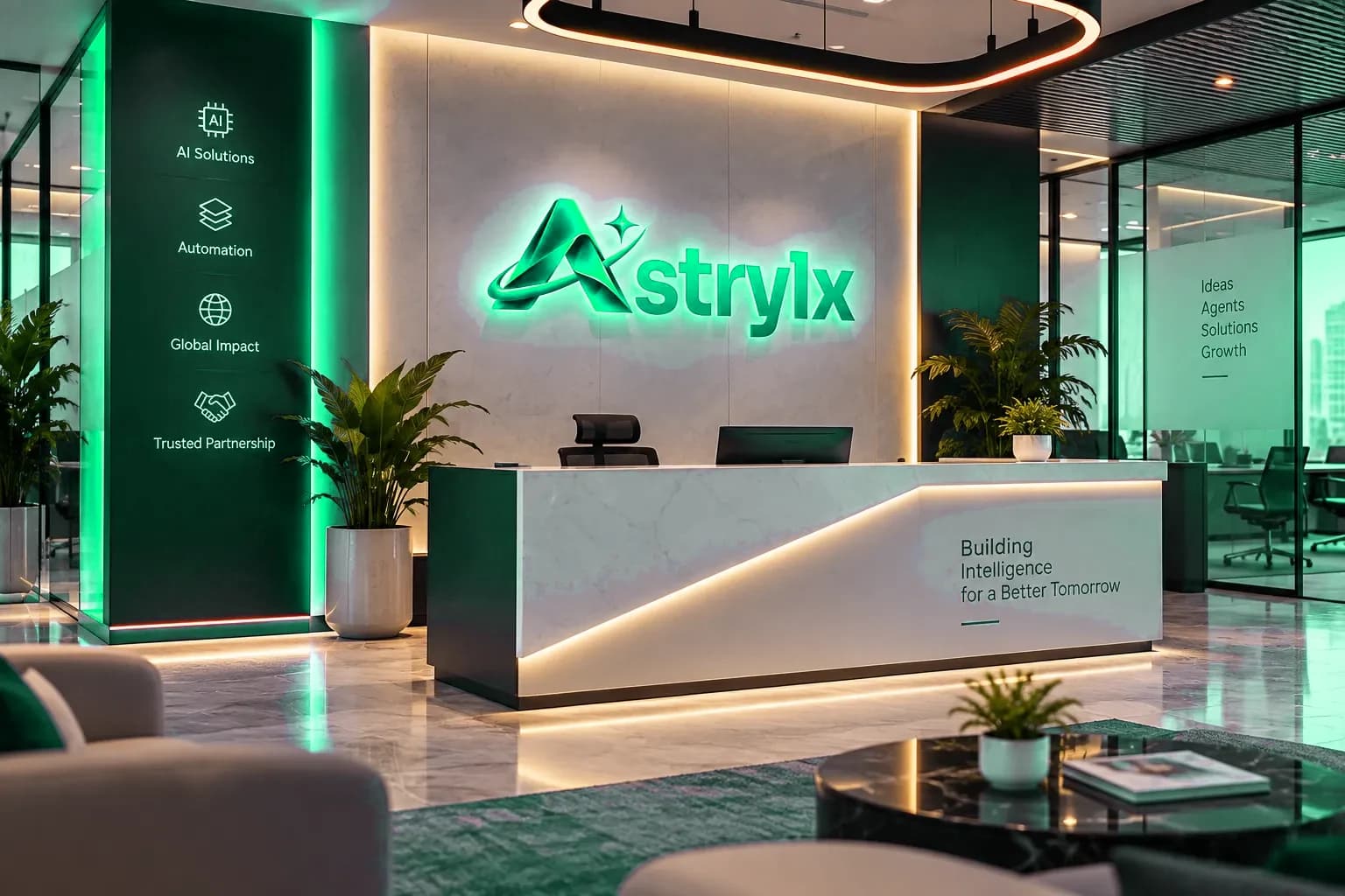 The Astrylx reception in Kolkata: the lit logo wall, a marble front desk and lounge seating