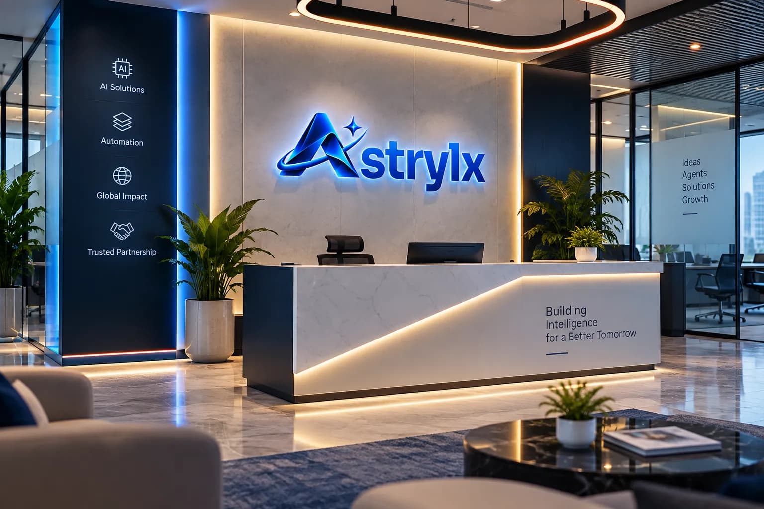 The Astrylx reception in Kolkata: the lit logo wall, a marble front desk and lounge seating