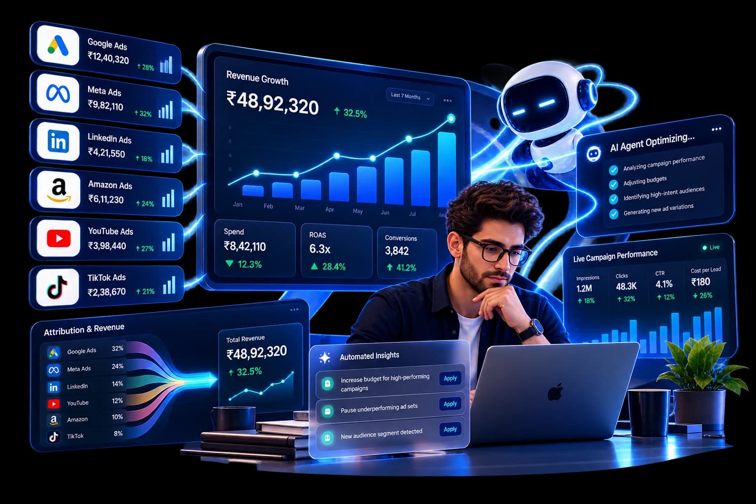 Ad channels feeding one revenue dashboard while an AI agent tunes budgets and a marketer reviews